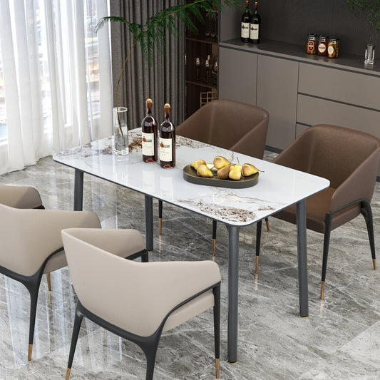 55''Modern Rectangular Sintered Stone & Tempered Glass Dining Table Mix Material Kitchen Table with Aluminum Base for 4-6 Seater