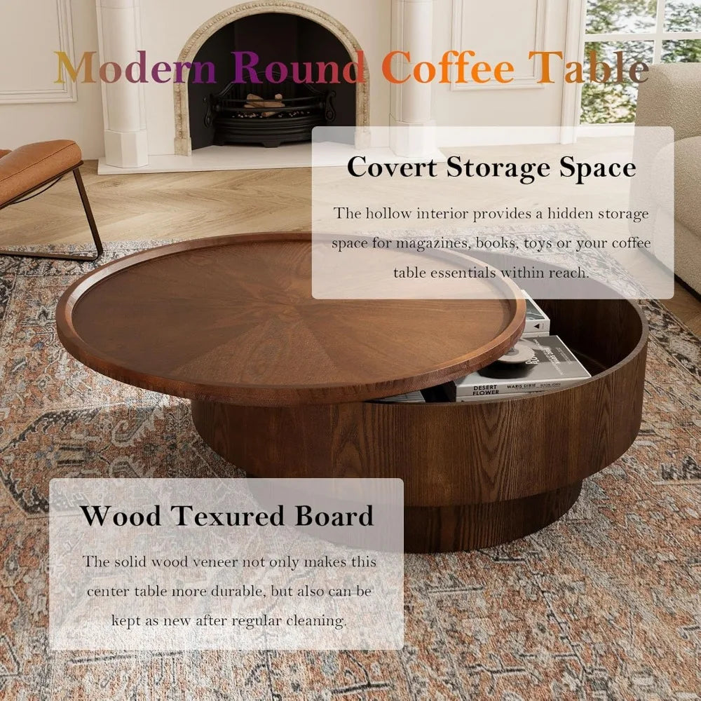 Mid-Century Modern Round Coffee Table with Hidden Storage, Solid Wood Veneer Center Table for Living Room