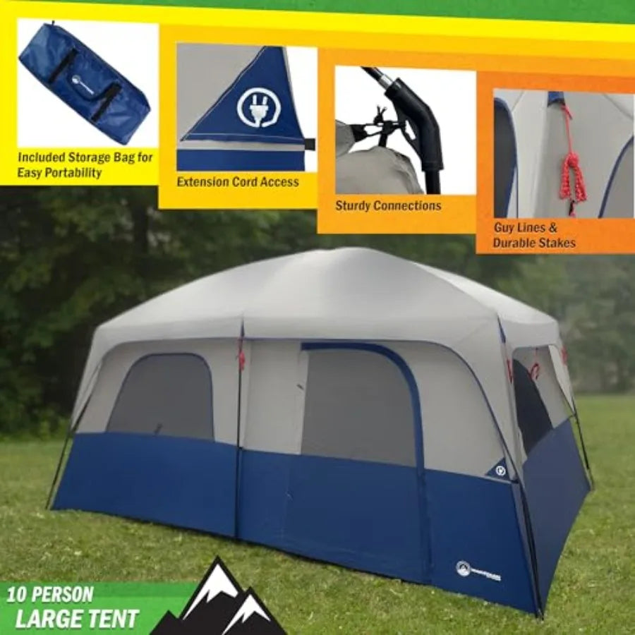 10 Person Camping Tent - Large Outdoor Tent with Room Divider and Rainfly - Family Camping House with 2 Doors and 4 Screen Wind