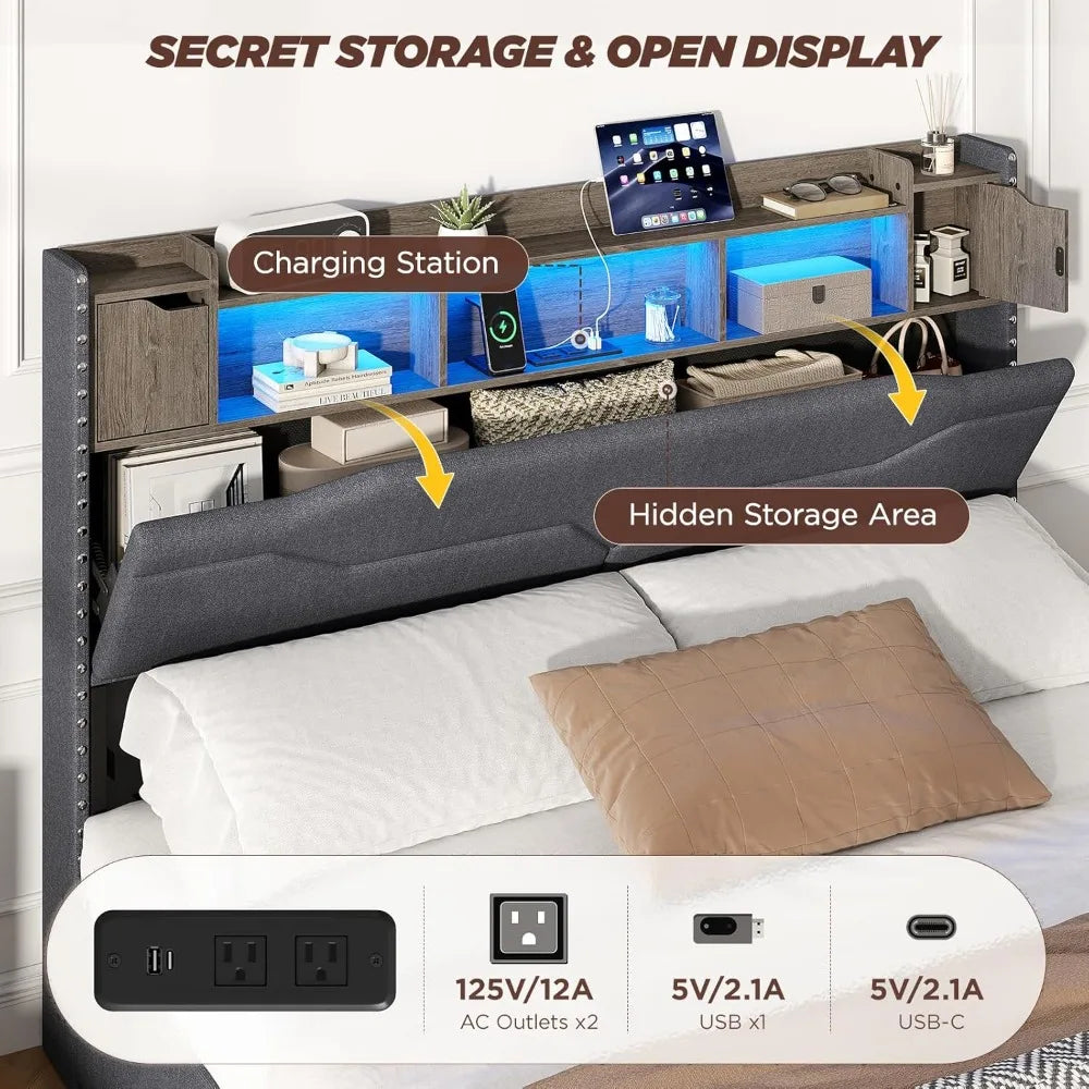 Maupvit Queen Size LED Bed Frame with Storage, 4 Drawers, Charging Station, Metal Base, No Box Spring Required