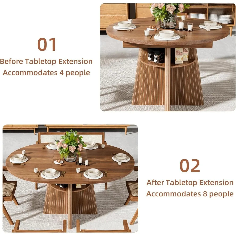 Extendable Dining Room Table for 4-8, Round Expandable Kitchen Table with Fluted Base, Modern Oval Dinner Tables