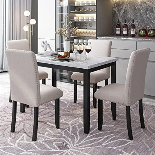 5 Piece Kitchen Table Set for 4, Wood Dining Table Set with Paper Marbling Table and 4 Dining Chairs for Kitchen Apartment