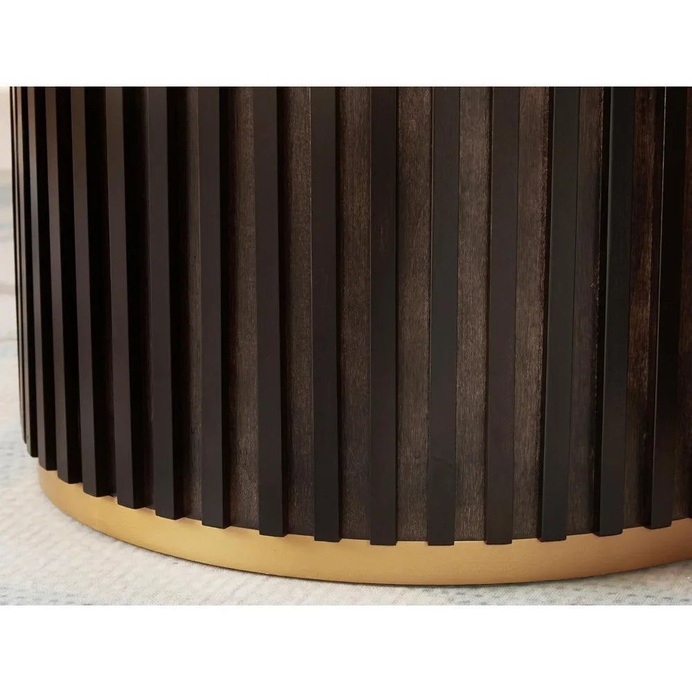 Round Wood Coffee Table with Marble Lid ＆ Hidden Storage, Modern Circle Handcraft Drum Coffee Table for Living Room