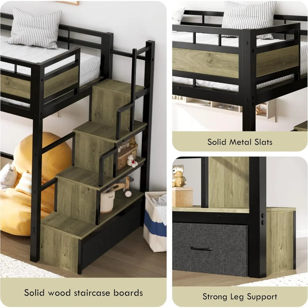 Loft Bed Twin Size, Heavy Duty Metal Loft Bed Frame & Safe Stairs Storage with Large Under Bed Space for Teens and Junior, Black