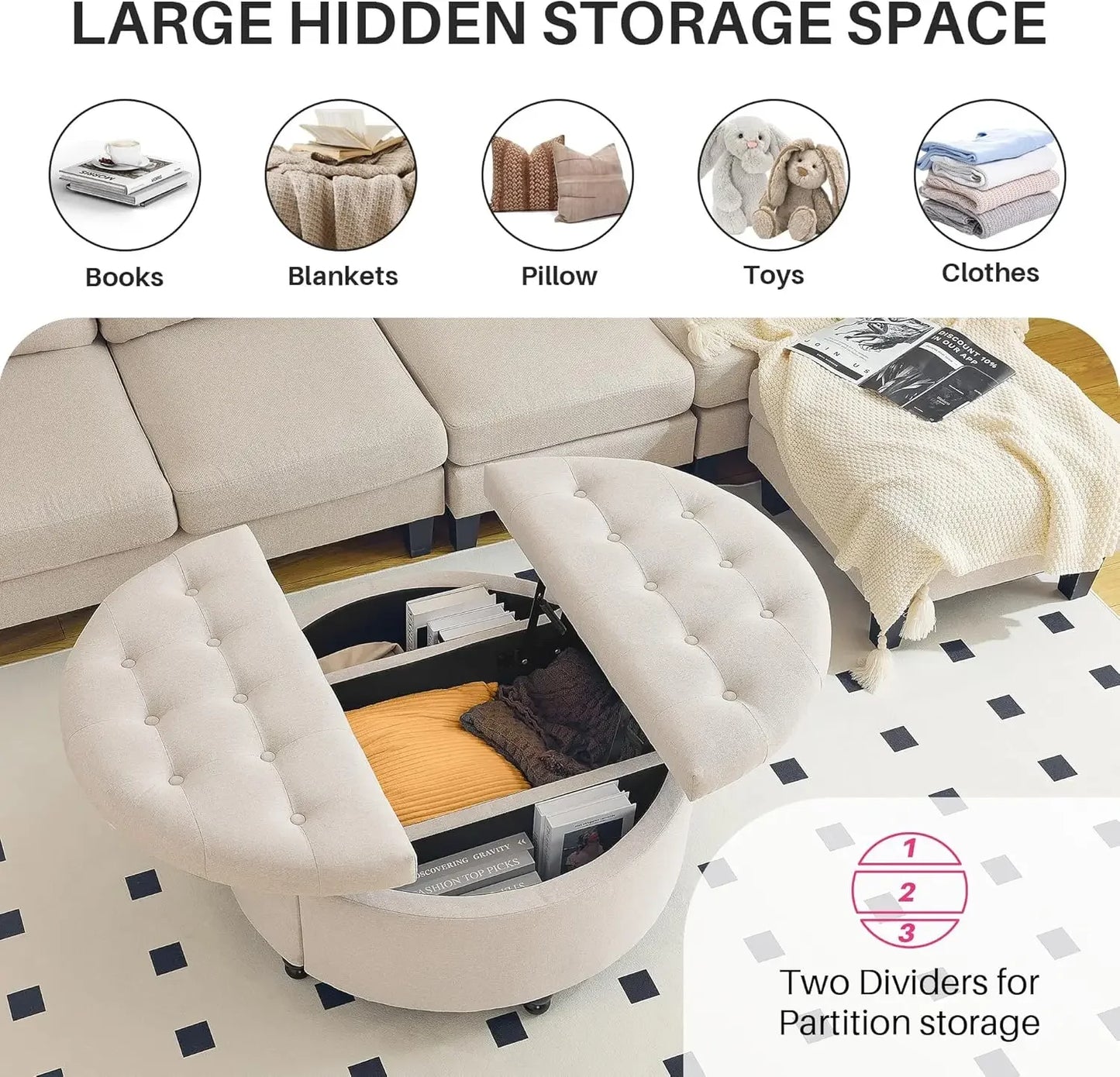 Round Storage Ottoman Coffee Table, Upholstered Coffee Table with Lift Top, 35" Large Ottoman with Storage Linen Fabric