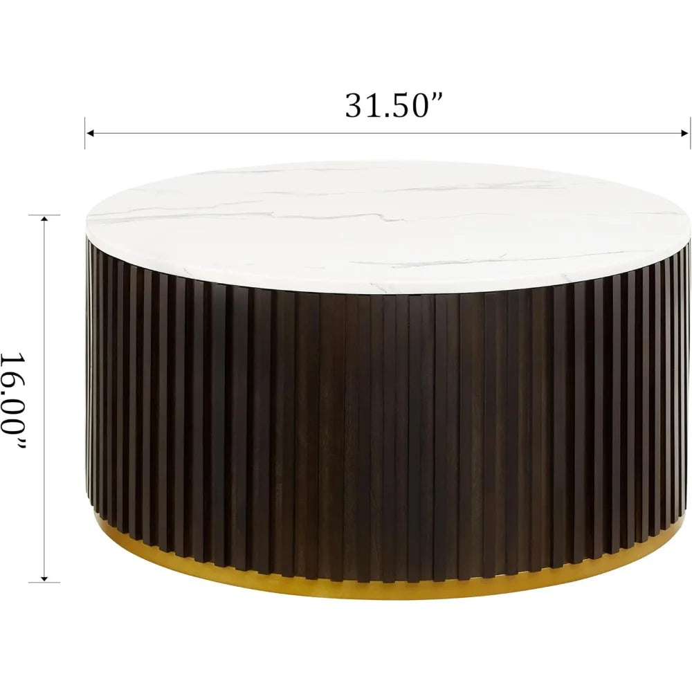 Round Wood Coffee Table with Marble Lid ＆ Hidden Storage, Modern Circle Handcraft Drum Coffee Table for Living Room