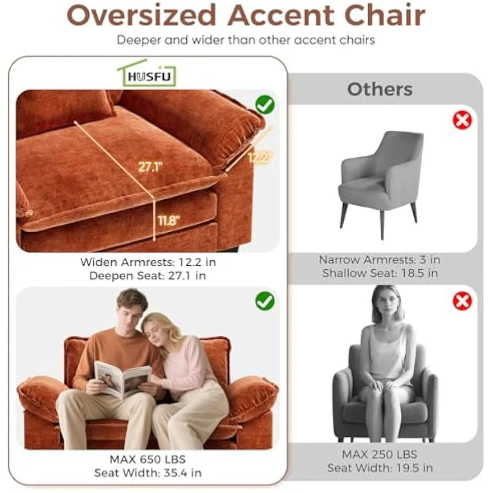 Extra Wide Chenille Accent Chair with Deep Seat and Plush Armrests, Ideal for Comfortable Reading