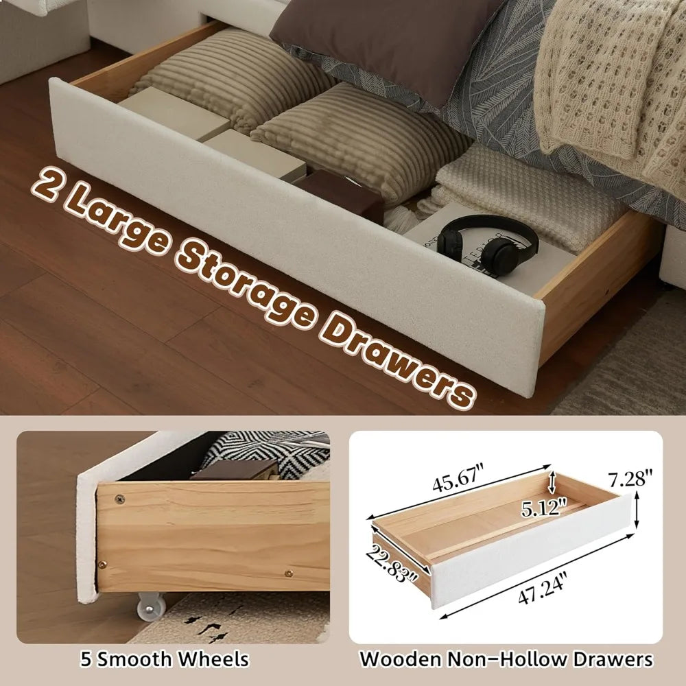 King Size Upholstered Platform Bed Frame with Built-in Nightstands 2 Side Storage Drawers Linen Headboard Sturdy Metal Frame