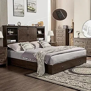 VanAcc Queen Size Bed Frame, Wooden Platform Storage Bed with 51.2" Bookcase Headboard, 2 Drawers, Charging Station/No Box Sprin