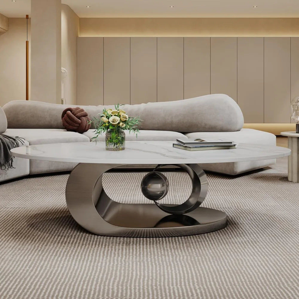 Oval Coffee Table for Living Room, Modern Center Table with Faux Marble Tabletop and Sculptural Stainless Steel Base, Silver+Whi