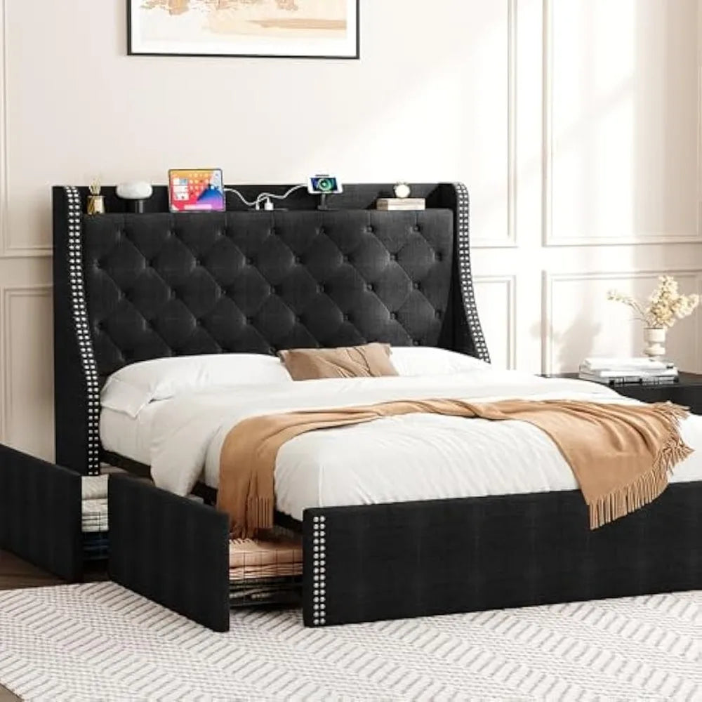 Upholstered Queen Bed Frame with 4 Storage Drawers，Wingback Headboard with Charging Station, Diamond Stitched Button Tufted Desi