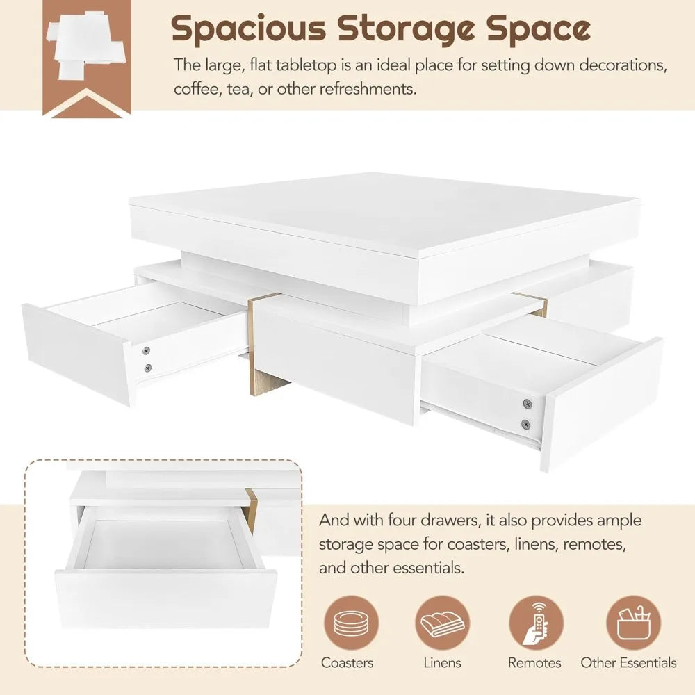 Modern Coffee Table with Storage, Contemporary Square Coffee Table with Drawers, High Gloss Modern Center Table for Living Room