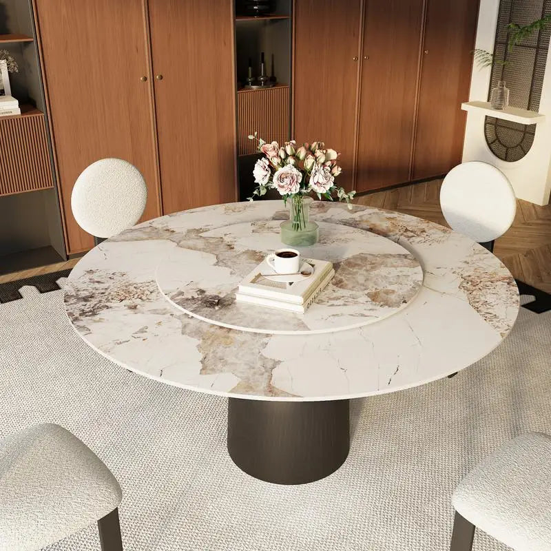 Modern Black Round Dining Table - 53" Colorful Solid Wood with Rotating Lazy Susan and Sintered Stone Top for 6 People
