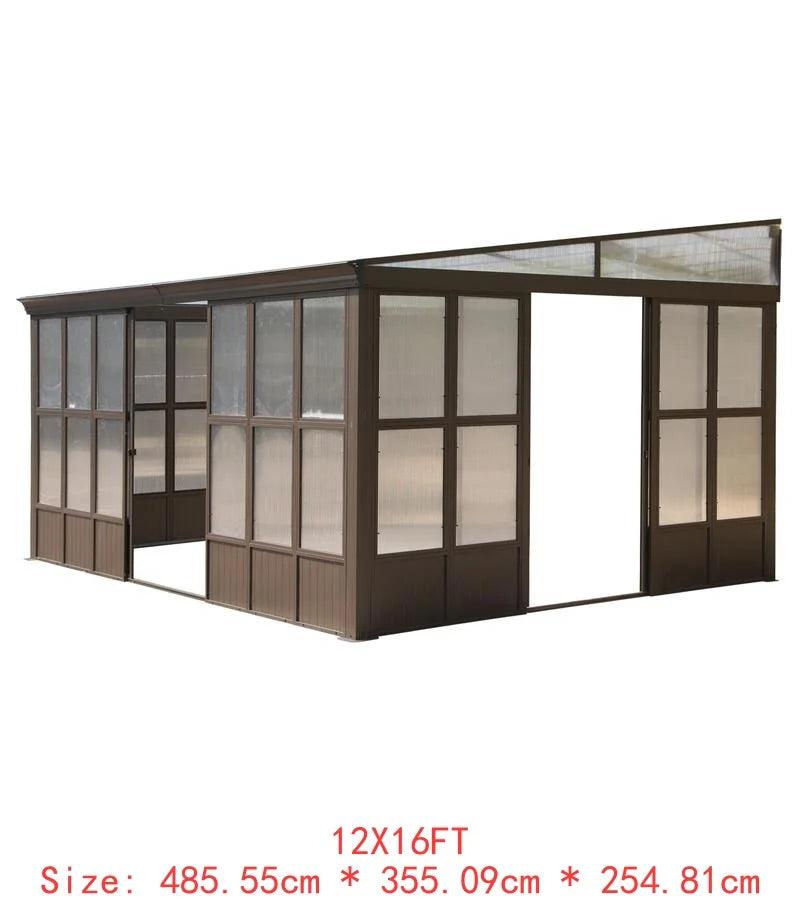 10x14FT All-Season Sunroom, Permanent Wall-Mounted Solarium with Detachable Polycarbonate Windows, Aluminum Lean-to Gazebo, 2