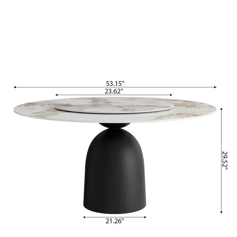 Modern Black Round Dining Table - 53" Colorful Solid Wood with Rotating Lazy Susan and Sintered Stone Top for 6 People