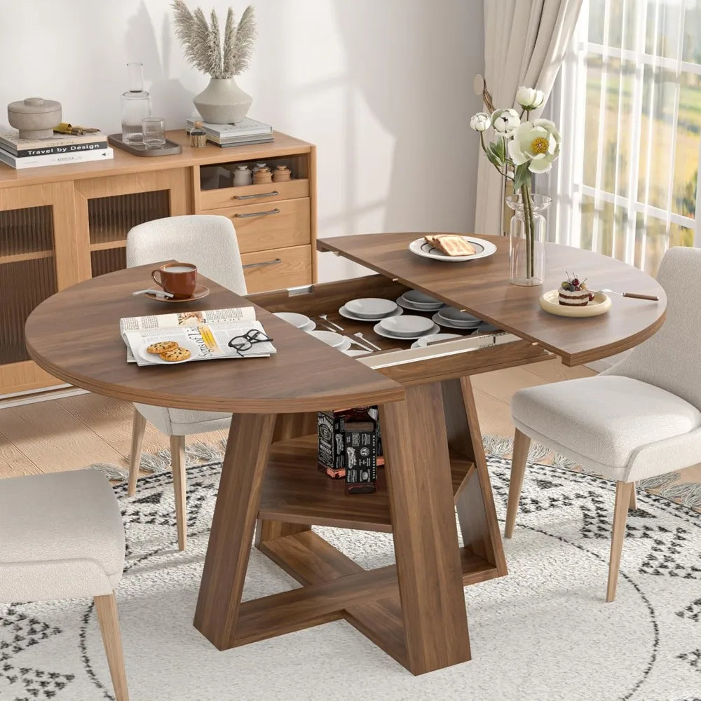 43.3in-59in Extendable Round Dining Table for 4-8,Modern Kitchen Oval Dining Table with Removable Leaves Space Saving, (Walnut)