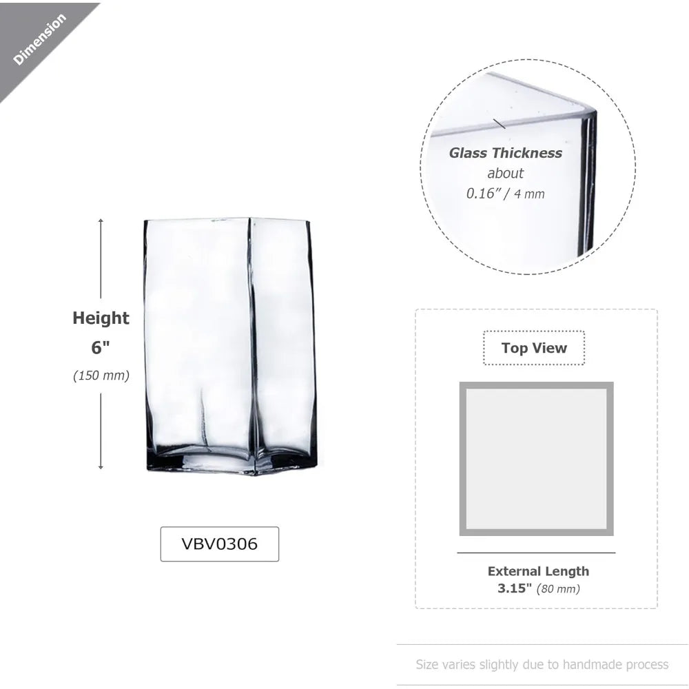 Clear Glass Tall Square Vase Bulk, 3 Length x 6 Height, Ideal for Floral Arrangements, Candles, Plants, Terrariums, Perfect for