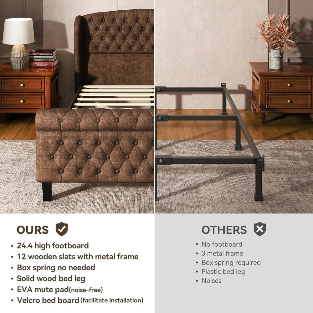 Queen Size Sleigh Bed Frame with Wingback Headboard, Chenille Upholstered Platform Bed Frame with Scroll Footboard, Button Tufte