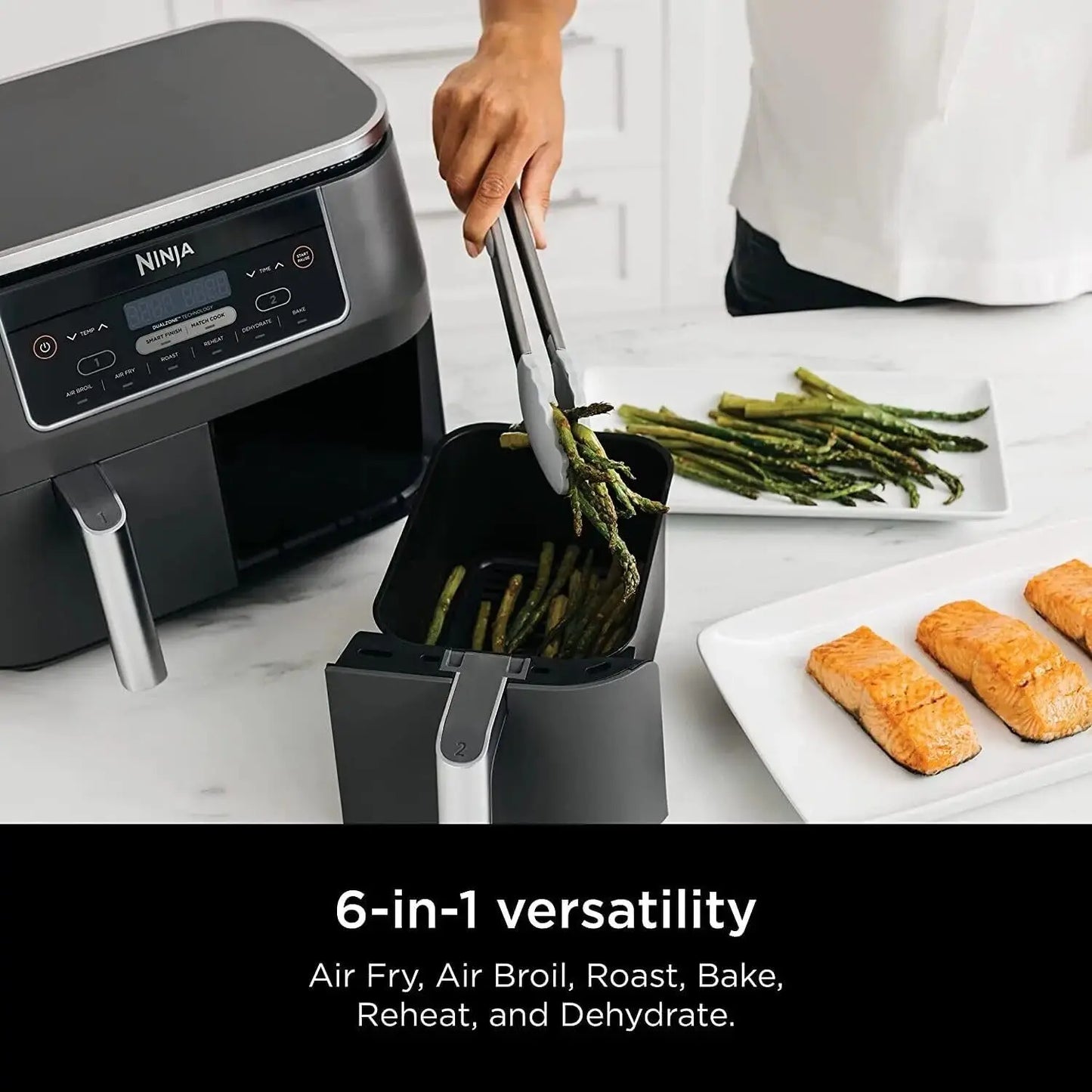 DZ201 Foodi 8 Quart 6-in-1 DualZone 2-Basket Air Fryer with 2 Independent Frying Baskets, Match Cook & Smart Finish to Roast, Br
