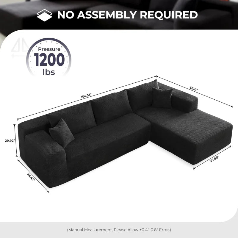 Modern Minimalist 104" L-Shape Couch with Chaise,Modular Sectional Sofa Cloud Deep Seat,Convertible Upholstered Couches for