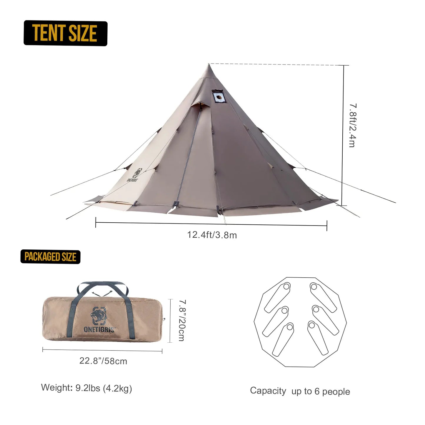 OneTigris Rock Fortress Hot Tent with Stove Jack Pyramid Tent 4 Season 4-6 Person Tipi for Camping Backpacking Fishing Hicking