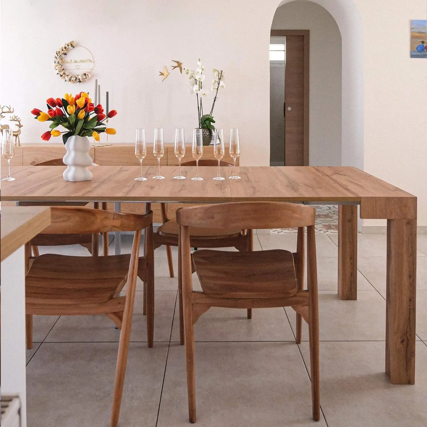 First, Extendable Console Table 17.7(120) x35.4 in, Rustic Oak, for 4-14 People, Space-Saving Dining Table, Italian Furniture