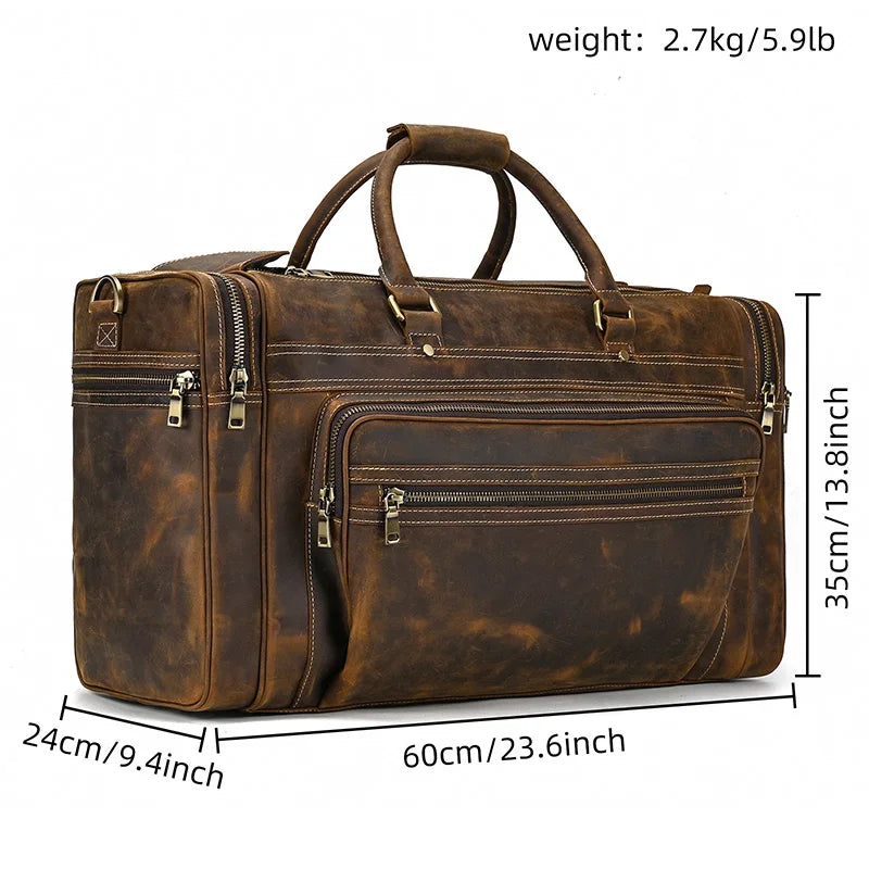 Exlarge Mens Crazy Horse leather Weekend Bag 22" Genuine Leather Travel Duffle Large Vintage Cowhide Zipper Bag Luggage Tote Bag