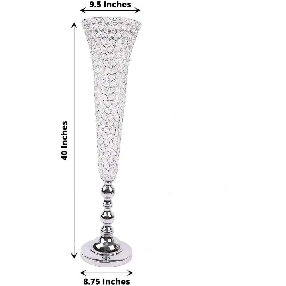 2 Pack Silver 40” Tall Crystal Beaded Trumpet Vase Set, Table Centerpiece