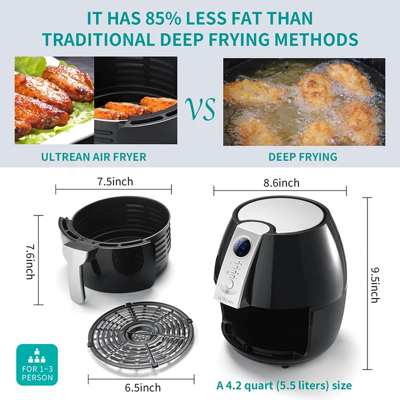 ULTREAN 4L Air Fryer Electric Hot fryer Oil-free Auto Household Kitchen 360°Baking Convection Oven Deep Fryer with Touch Control