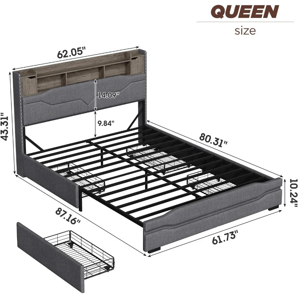 Maupvit Queen Size LED Bed Frame with Storage, 4 Drawers, Charging Station, Metal Base, No Box Spring Required