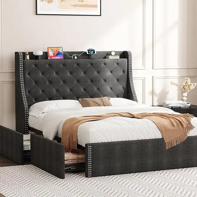 Upholstered Queen Bed Frame with 4 Storage Drawers，Wingback Headboard with Charging Station, Diamond Stitched Button Tufted Desi