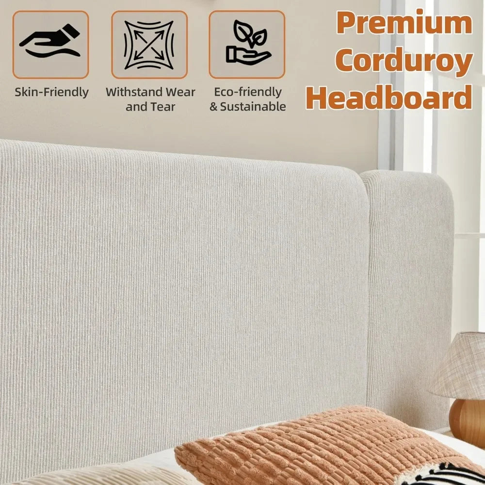 King Size Platform Bed Frame with 2 Built-in Nightstands Wood Luxury Bed Frame with Chenille 2 Storage Drawers