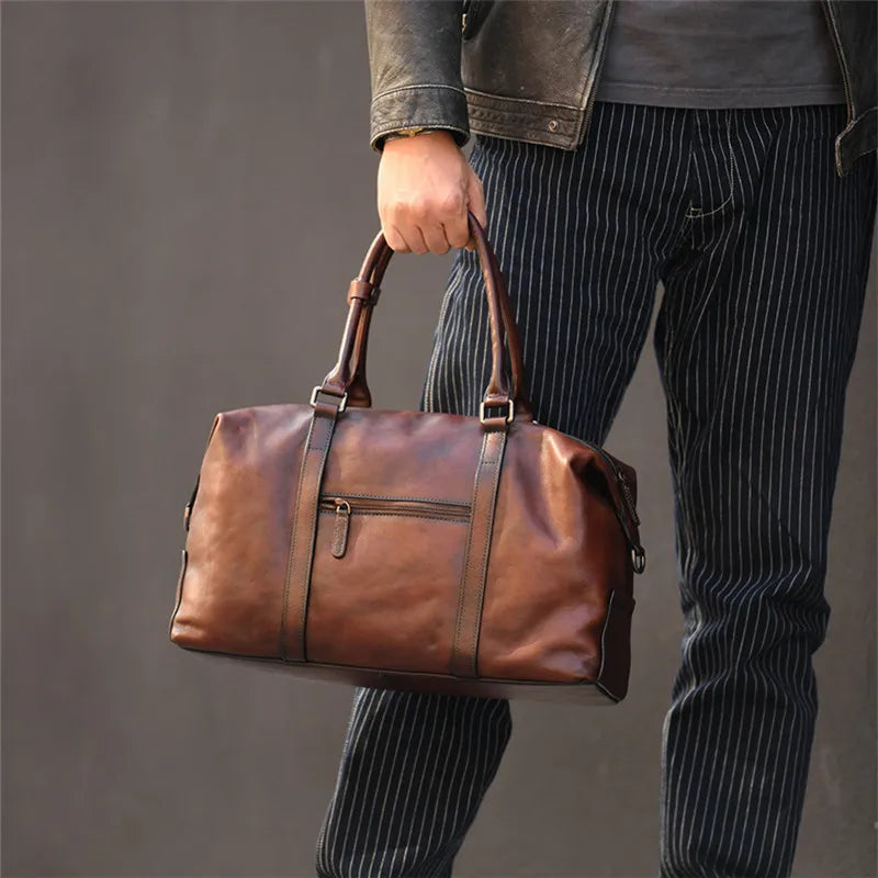 Vintage designer handmade natural genuine leather large-capacity men's travel bag business casual cow leather soft handbag