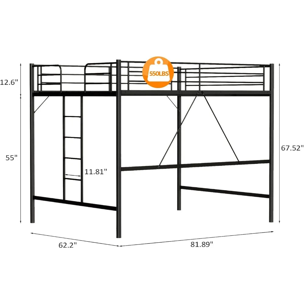 Queen Loft Bed with Flat Rungs for Adults, Kids and Young Teens, No Box Spring Required, Heavy Duty Metal Slat Support