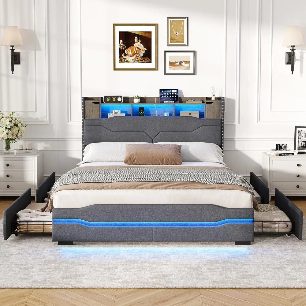 Maupvit Queen Size LED Bed Frame with Storage, 4 Drawers, Charging Station, Metal Base, No Box Spring Required