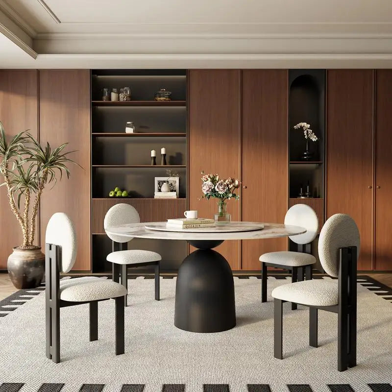 Modern Black Round Dining Table - 53" Colorful Solid Wood with Rotating Lazy Susan and Sintered Stone Top for 6 People