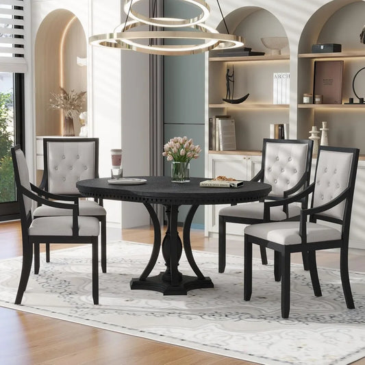 5 Pieces Dining Table Set Round Kitchen Extendable Dining Table with 4 Wood Chairs for Dining Room, Chair with Cushion, Bistro