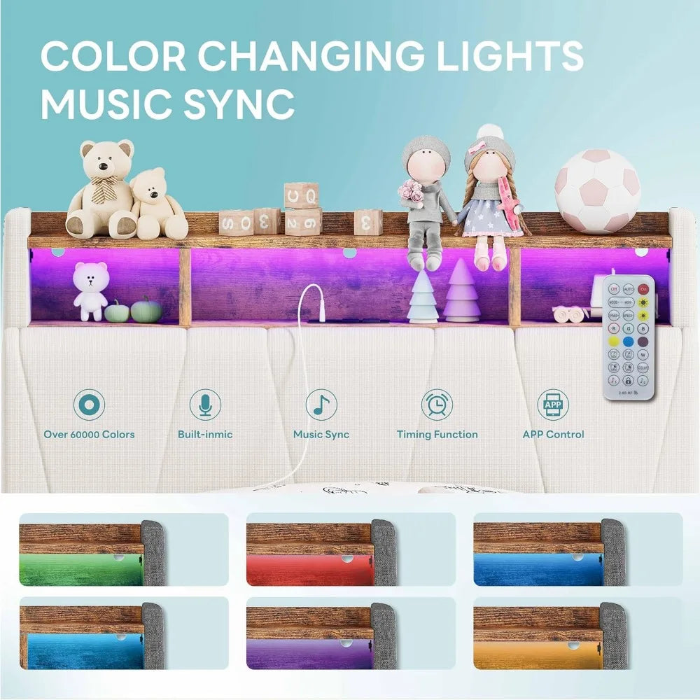 Upholstered Twin Bed Frame with Storage Drawers, Charging Station, LED Lights, and Storage Headboard