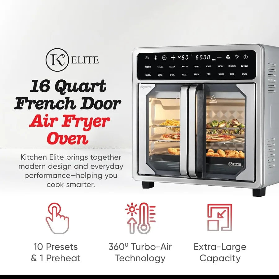 16 Quart French Door Air Fryer Oven Family Size Countertop Convection Cooker with LED Display Stainless Steel for LargeScale Ho