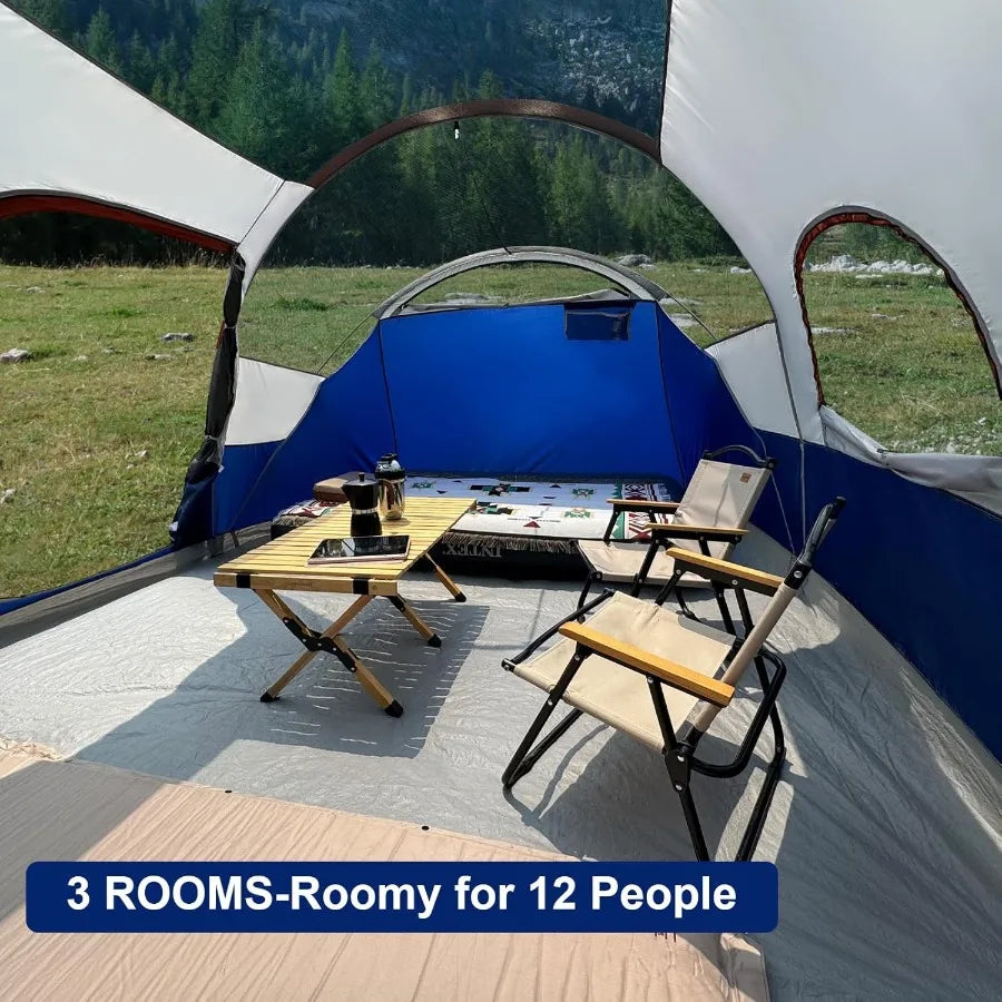 CAMPROS CP Tent 12Person Camping Tents with 3 Rooms Waterproof Windproof Design Top Rainfly for Enhanced Protection 6 Large Mes