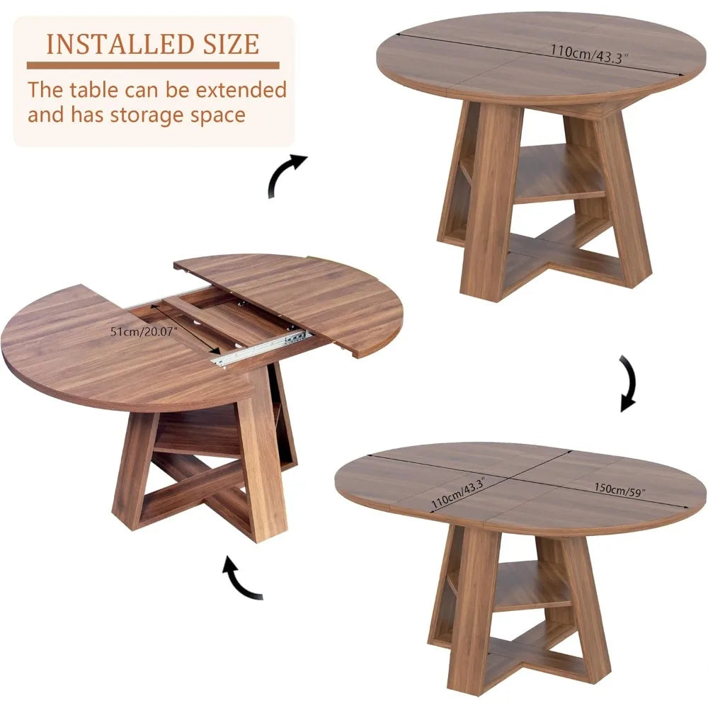 43.3in-59in Extendable Round Dining Table for 4-8,Modern Kitchen Oval Dining Table with Removable Leaves Space Saving, (Walnut)