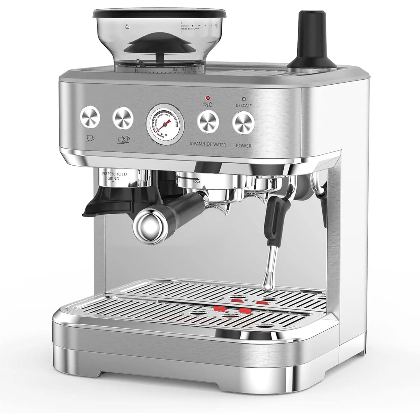 Espresso Machine Stainless Steel Coffee Machine with Milk Frother& Grinder 15 Bar Pump 58mm Sieve Handle Cappuccino Latte Maker