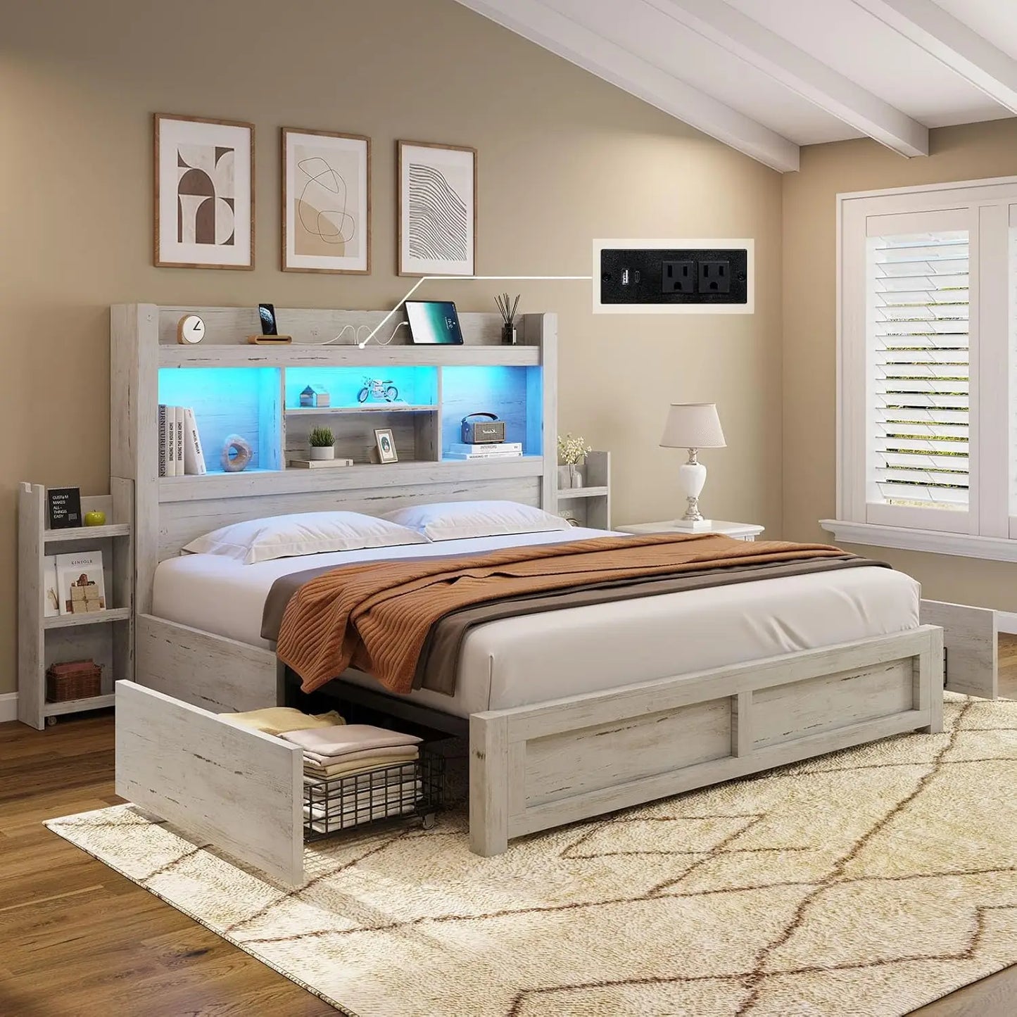King Size Bed Frame with 4 Storage Drawers, LED Bed Frame with 49“ Tall Bookcase Headboard, Wood Platform Bed with Charging