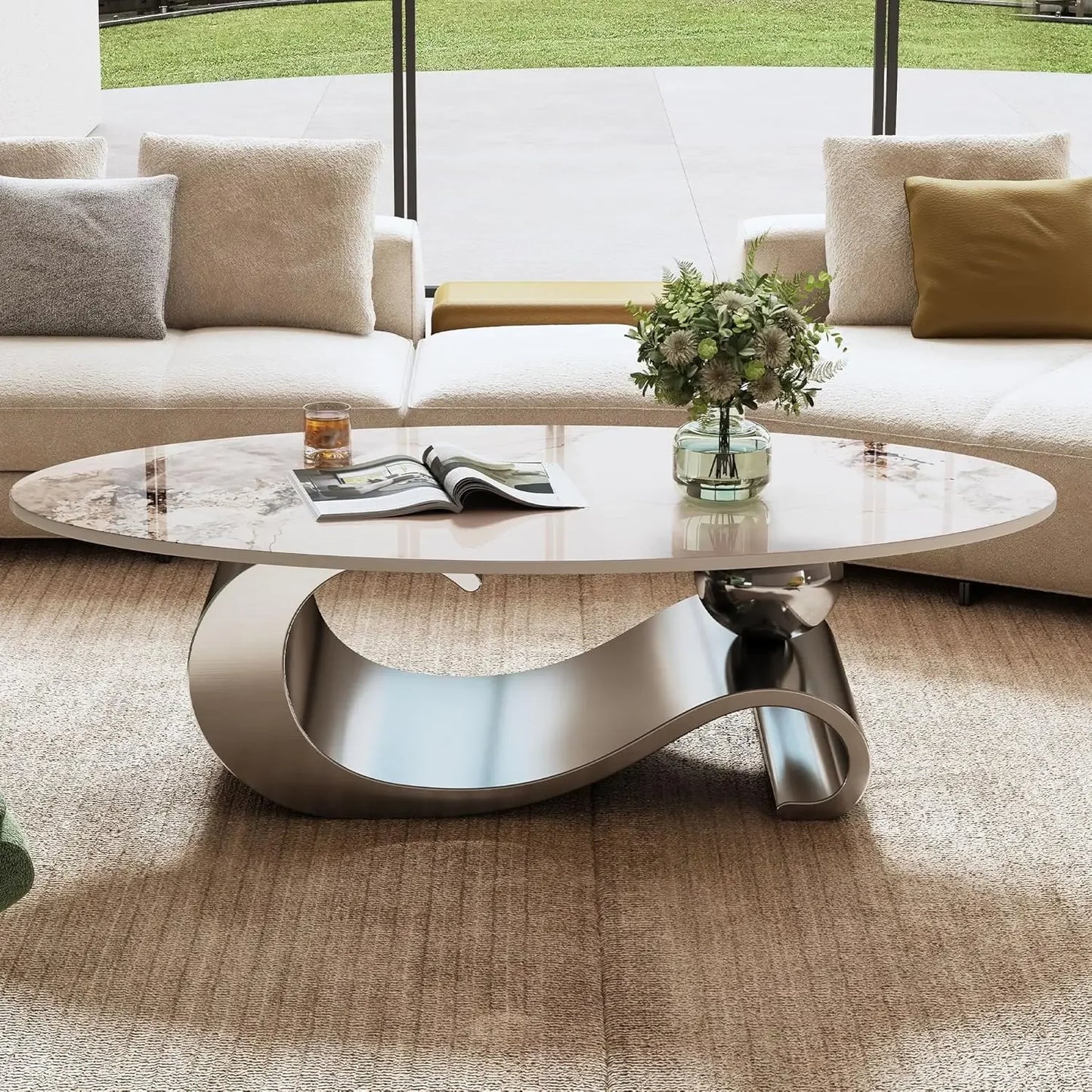 Faux Marble Coffee Table with Drawer,Oval Living Room Table with Metal Base,0.47" Marble Grain Top