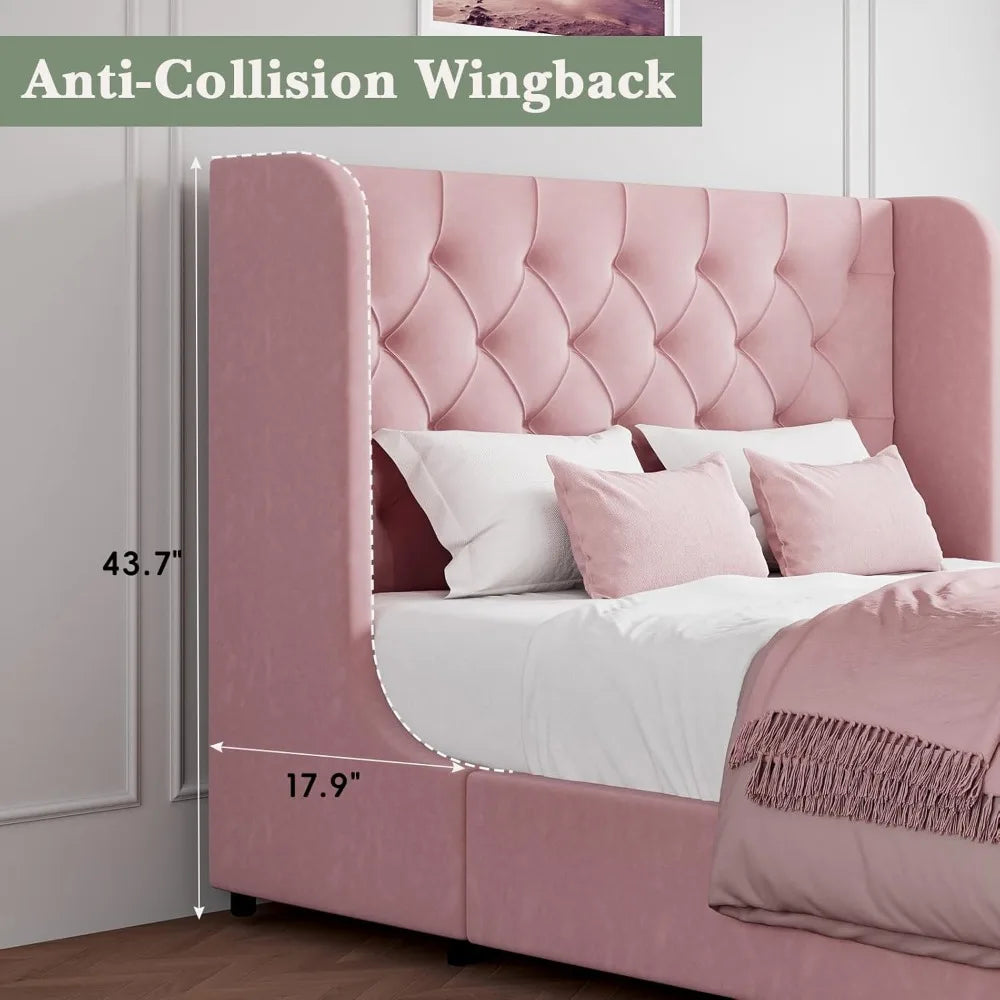 Full Bed Frame, Pink Velvet Upholstered Bed Frame Full with Headboard and Wide Wingback, Sturdy Wooden Slats Support, No Box Spr