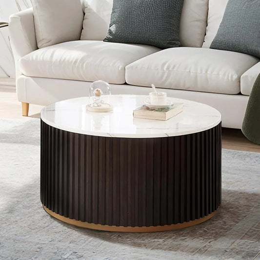 Round Wood Coffee Table with Marble Lid ＆ Hidden Storage, Modern Circle Handcraft Drum Coffee Table for Living Room