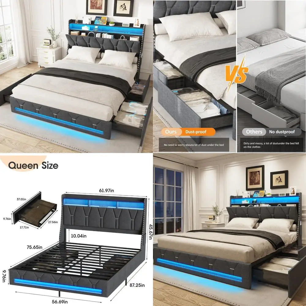 Maupvit Upholstered Queen Bed with 4 Underbed Storage Drawers, Headboard, Charging Port, and LED Lighting