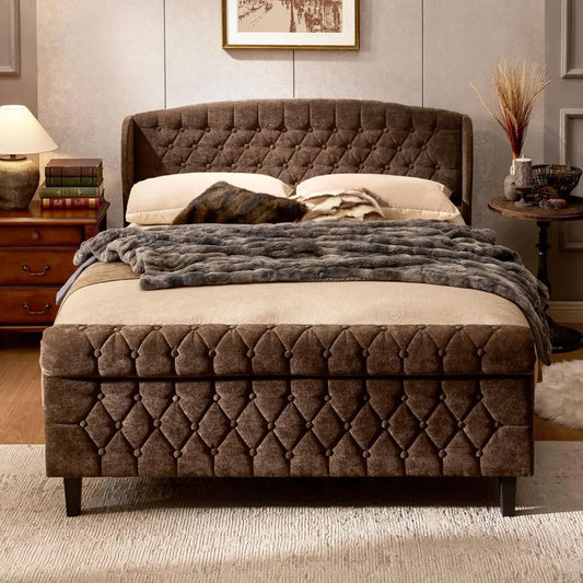 Queen Size Sleigh Bed Frame with Wingback Headboard, Chenille Upholstered Platform Bed Frame with Scroll Footboard, Button Tufte