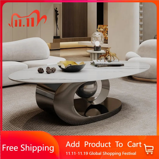 Modern Oval Stone Coffee Table with Gray Metal Base - Elegant Centerpiece for Stylish Living Rooms - 49.2" Lx27.6 Wx15.8 H