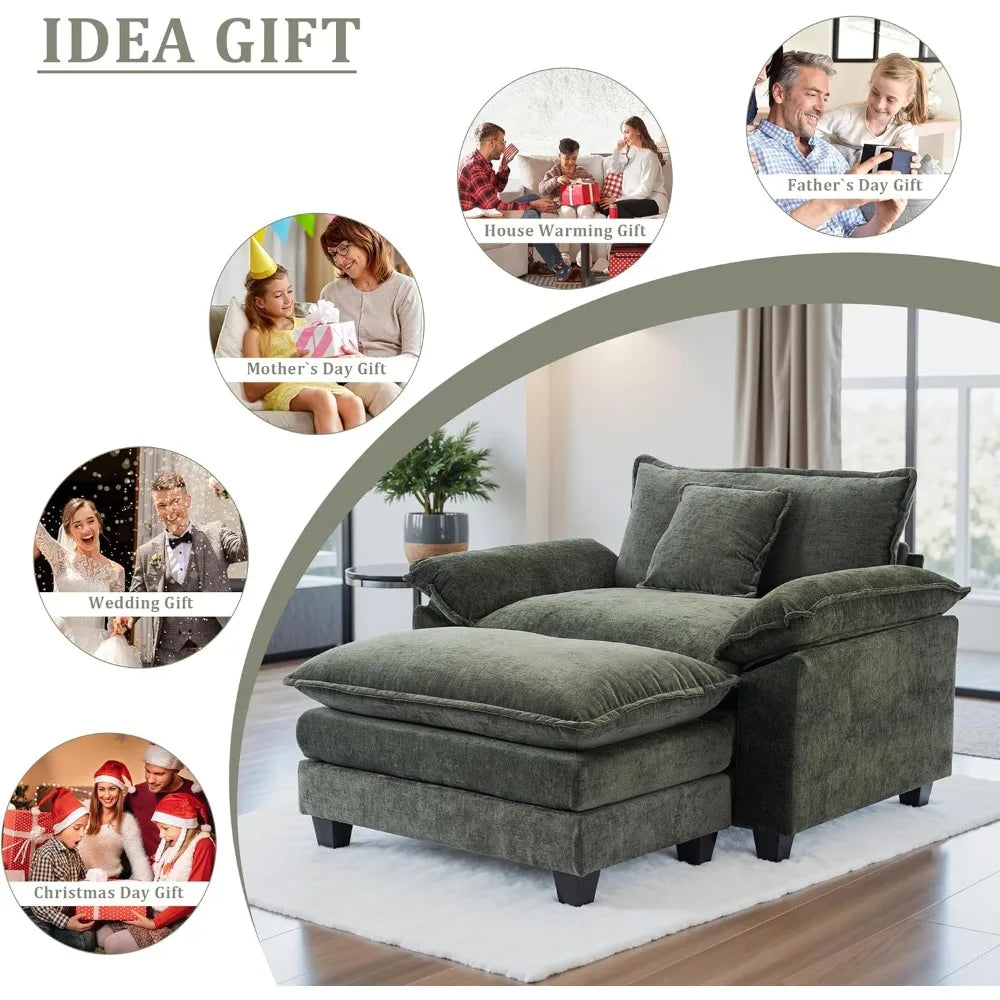 Oversized Accent Chair with Ottoman,Oversized Chaise Lounge Chair Indoor with Deep Seat，Reading Chair Comfy Chenille Sofa